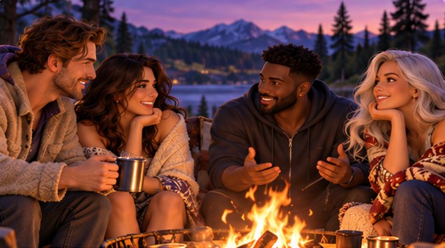 Four friends laughing around a campfire by a lake at dusk