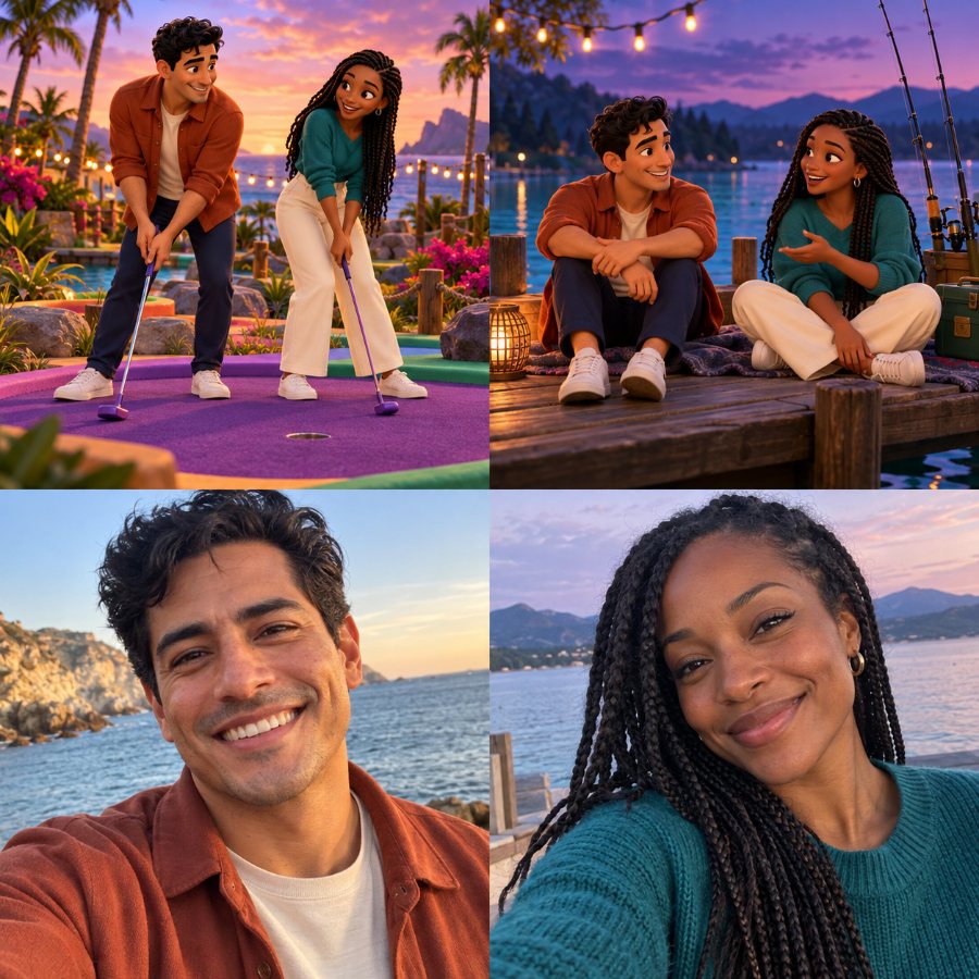 Two avatars playing mini golf and chatting on a dock at sunset, with the real man and woman behind them in selfies by the sea