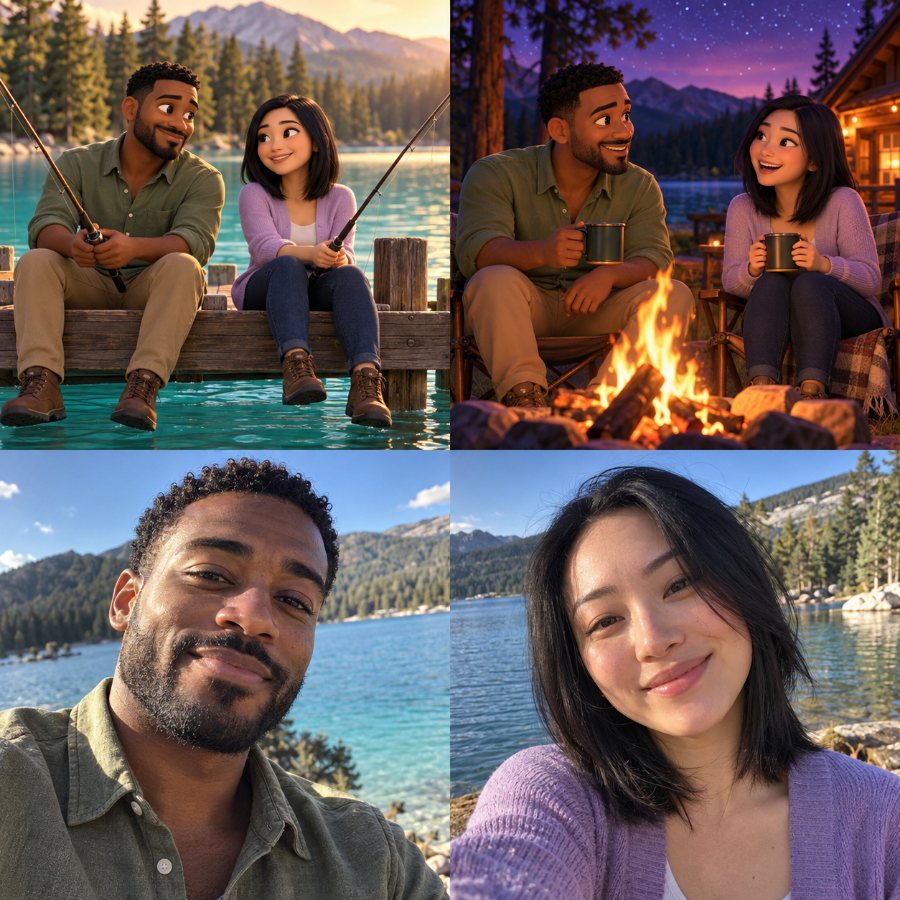 Two avatars fishing on a lake dock and sharing a campfire, with the real man and woman behind them in selfies by the lake