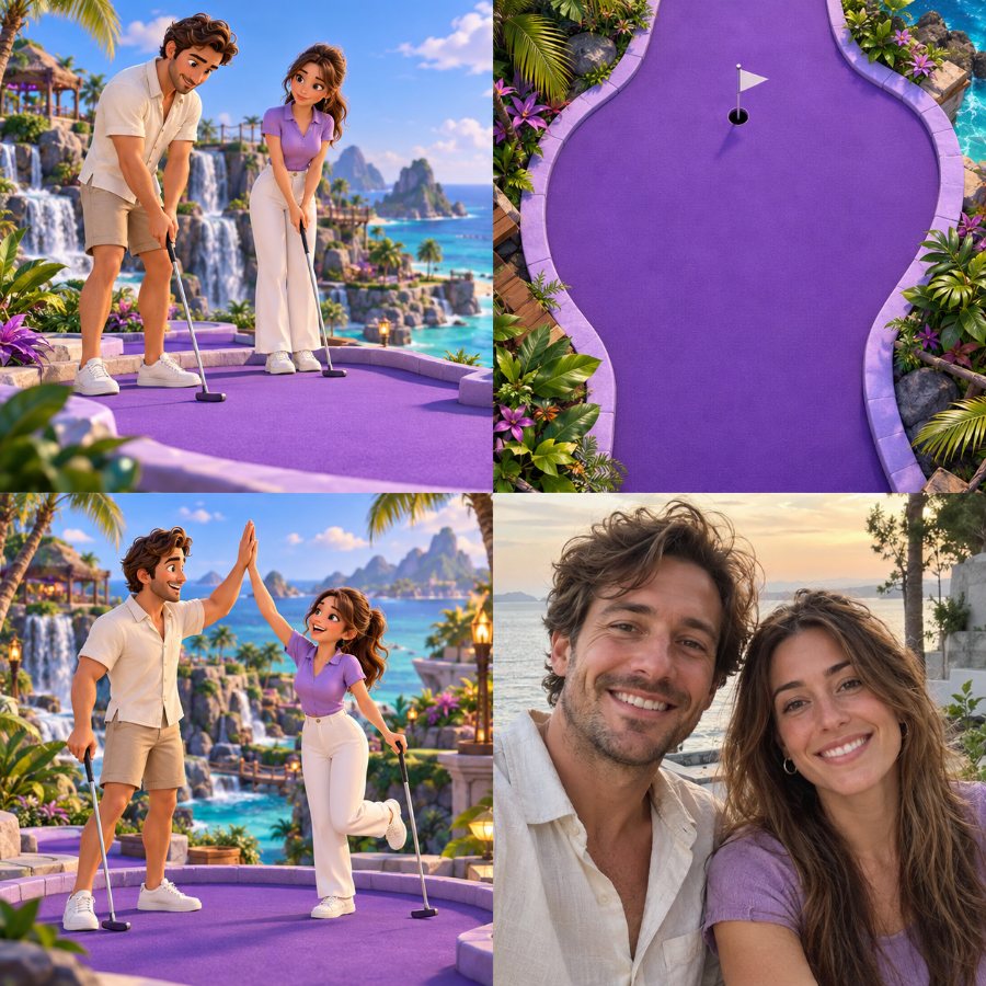 Two avatars on a tropical mini golf course giving each other a high five, with the real couple in a selfie at the bottom