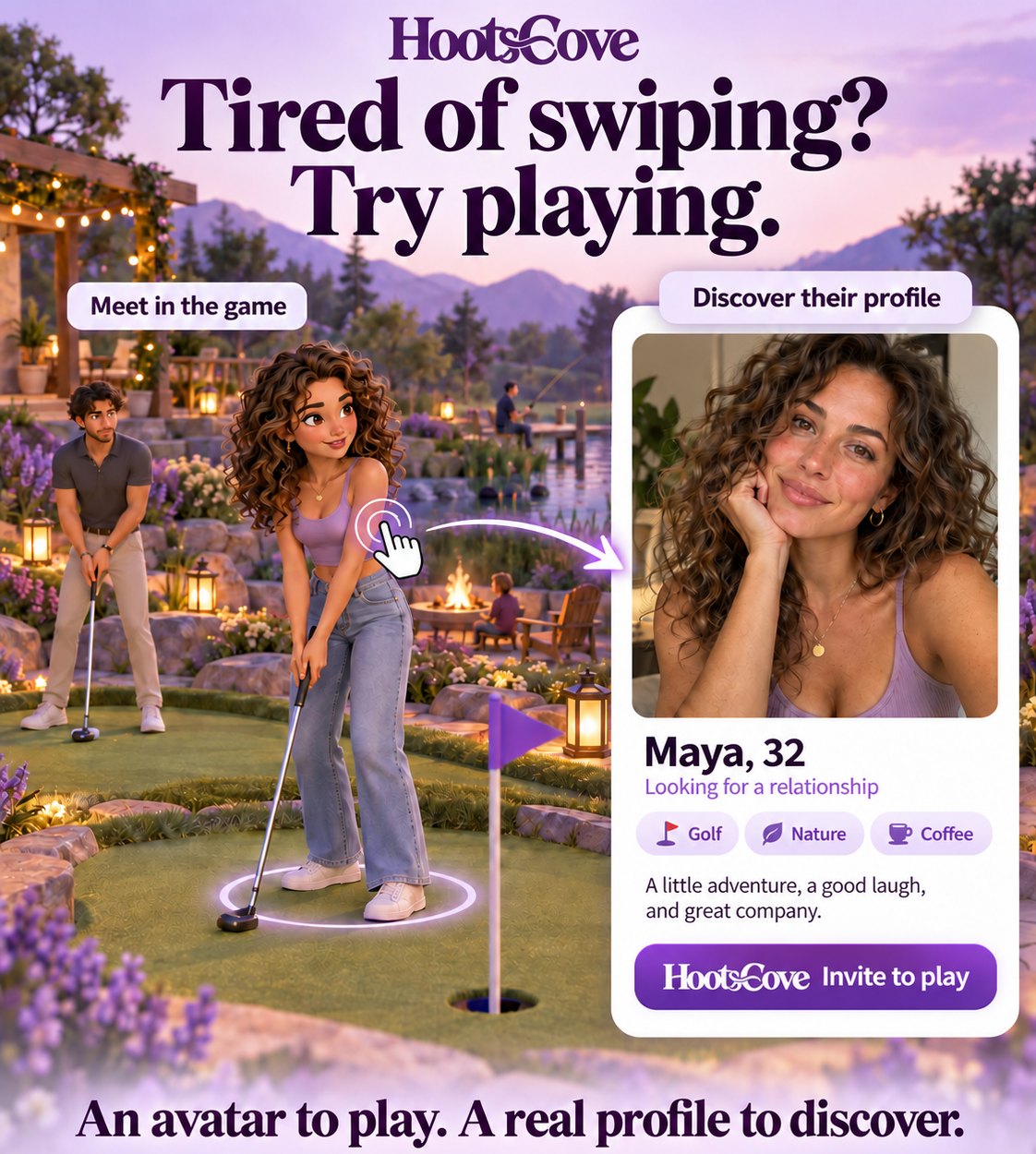Concept artwork: a woman's avatar putting on a garden golf course, and her real profile beside it with her photo, Maya, 32, looking for a relationship