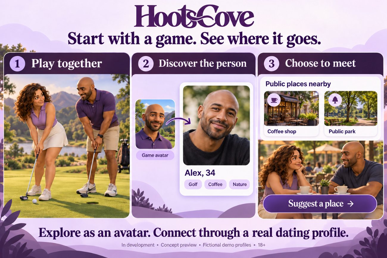Three steps: play together on the golf course, discover the real person behind the avatar, then choose a public place nearby to meet